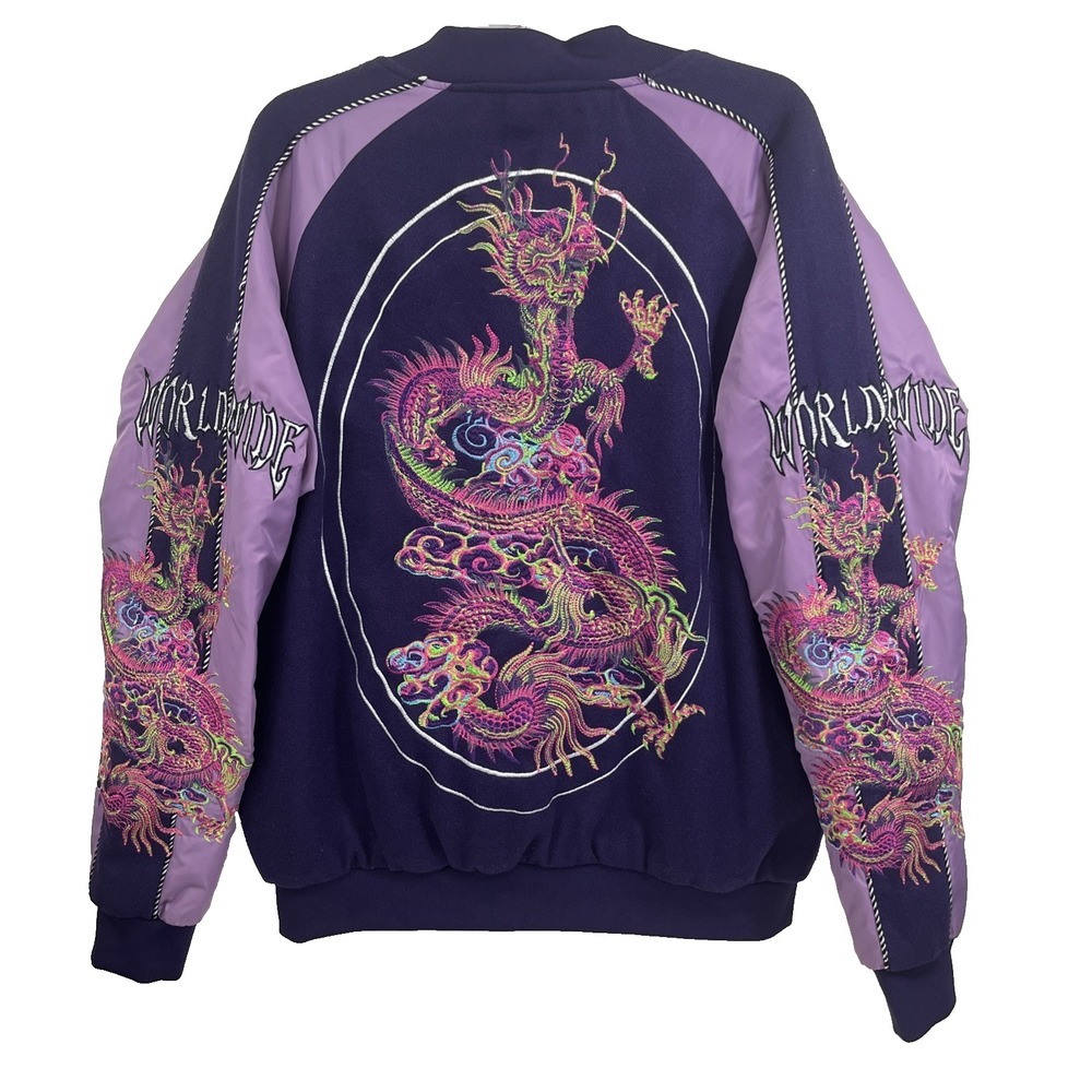 BoohooMAN Worldwide Varsity Jacket Men's Size L Purple Embroidered Dragons